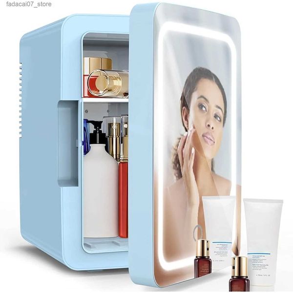 Kühlschränke Gefrierschränke 6,2 l Kühler und Heizung Mini-Kühlschrank mit LED-beleuchtetem Spiegel tragbar – Schlafzimmer-Schminktisch aus Glas (blau) Q240326