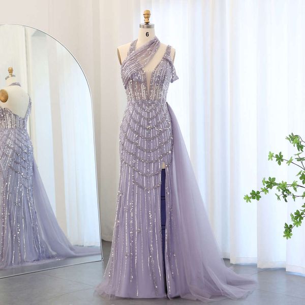 Halter Lilac Sharon Boncuklu Boncuklu Denizkızı Akşam Söyledi Aşırı Et Side Slit Turkuaz Dubai Düğün Elbisesi SS180