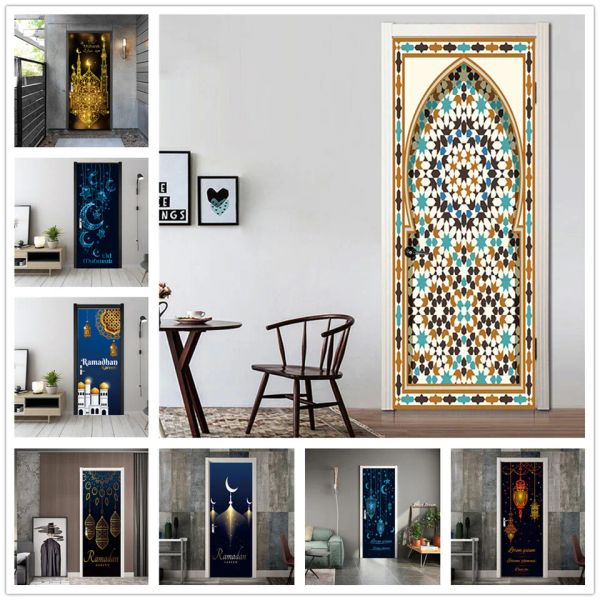 Adesivi Adesivo per porta Capodanno musulmano Carta da parati staccabile e attaccabile Poster impermeabile Iftar Wall Art Mural Decalcomanie Decorazioni per la casa autocollant porte