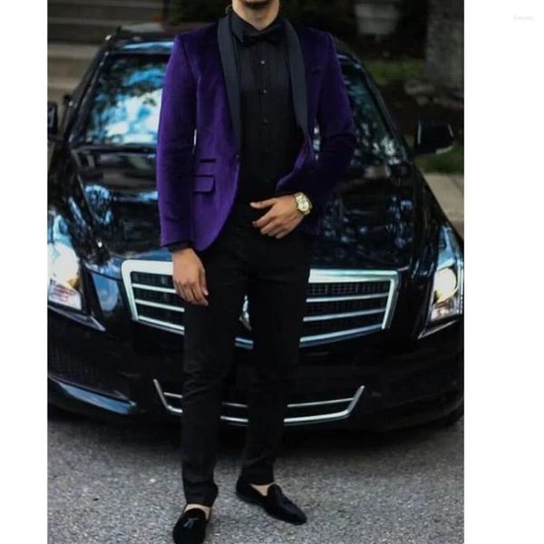 Ternos masculinos roxo 2 peças jaqueta preta calças xale lapela único breasted baile de formatura festa veludo elegante traje hombre fino ajuste 2024