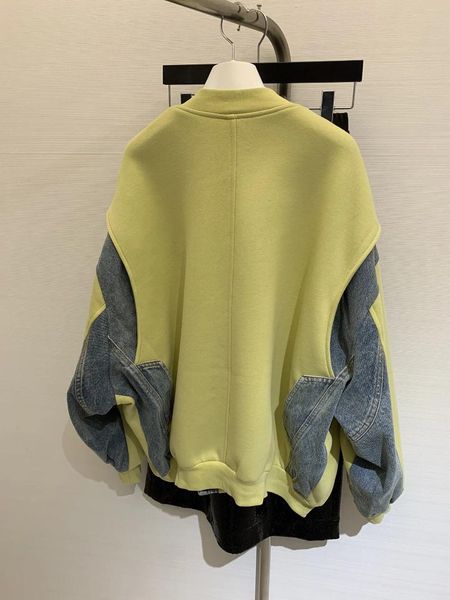 Jaquetas femininas 2024 costura jeans suéter em torno do pescoço zíper jaqueta elegante alta rua peito impressão digital