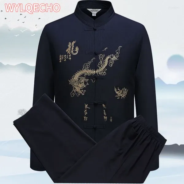 Roupas étnicas Homens Chineses Terno de Algodão Bordado Wu Shu Uniforme Tai Chi Camisa de Manga Curta Calça M L XL XXL XXXL