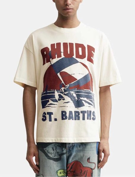 Дизайнерская модная одежда Футболки Rhude Summer Sailing Slogan Короткая футболка с принтом Белая хлопковая футболка с половиной рукава Модная футболка Летняя уличная одежда hop