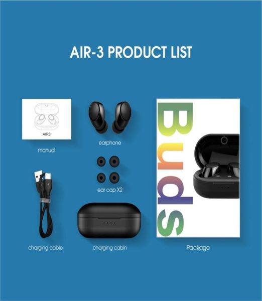 Air3 tws fones de ouvido sem fio mini bluetooth fones com microfone estéreo bluetooth 50 fone para android samsung iphone sm1567998