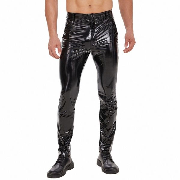 Pantaloni dritti in pelle lucida da uomo Cerniera sexy con apertura sul cavallo Pantaloni casual in pelle PVC lucido Maschio Sha Wetlook Leggings in lattice C0Gg #