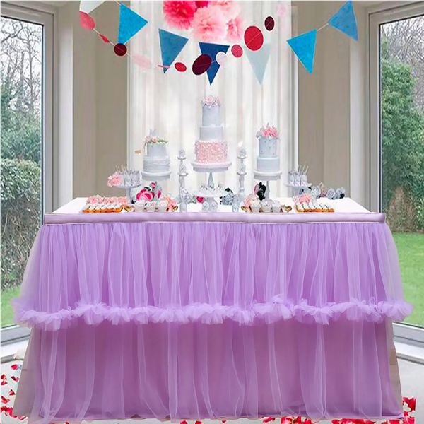 Saia de mesa de tule de casamento 6ft9ft roxo rosa branco malha jantar decoração capa para banquete de recepção 240322