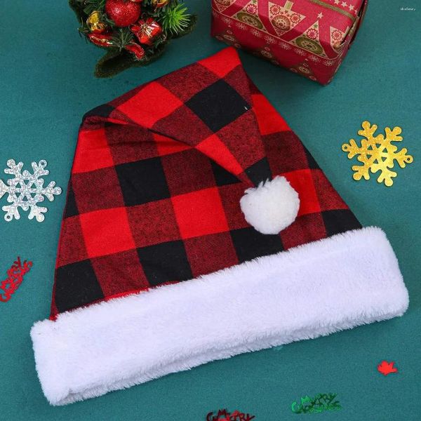 Berretti Cappello di Natale a quadretti neri e rossi Ornamento con risvolto in pelliccia Divertimento casual alla moda