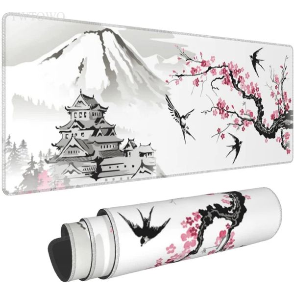 Pads im japanischen Stil, Berg Fuji, Kirschblüten-Vogel, Sakura, Gaming, XL-Mauspad, XXL-Tastaturpad, Teppich, weiches Mauspad aus Naturkautschuk