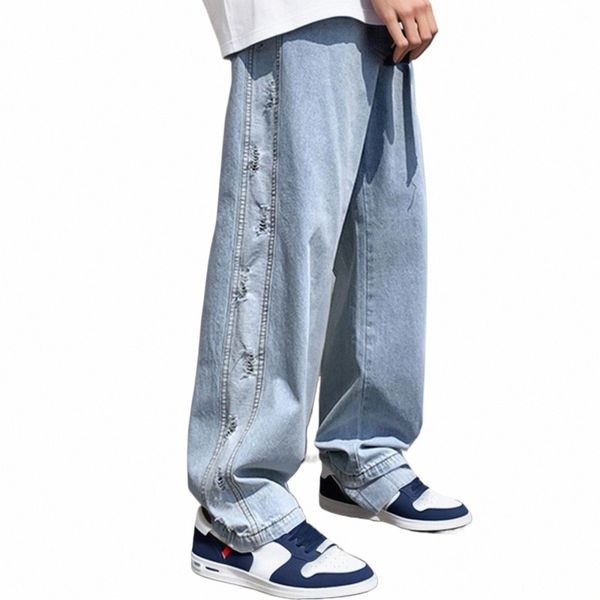 uomo 2024 Fi foro laterale Rottura Design Jeans High Street Hip Hop gamba larga pantaloni in denim casual allentato dritto Plus Size Pant a1My #