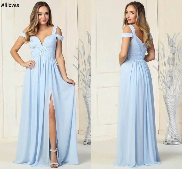 Céu claro azul fluido chiffon uma linha vestidos de baile plus size fora do ombro plissado longo dama de honra formal wear sexy split até o chão vestidos de festa à noite