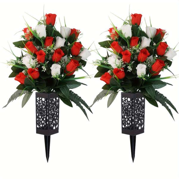 2 Stück/Set künstliche Blumen, Outdoor-Grabdekorationen, Rosen, wunderschöne Arrangements, Blumenstrauß mit Friedhofsvase, dauerhafte und nicht ausblutende Farben (weiß + rot)