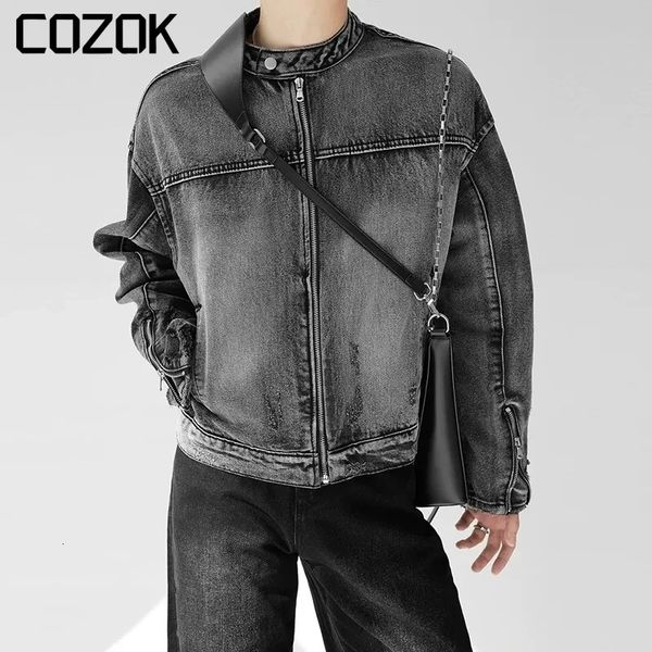 Vintage denim ceket erkek kadın kadın yüksek sokak gevşek kovboy ceketleri fermuarlı sıkıntı tasarım ceket unisex japon üniversite ceketleri 240311