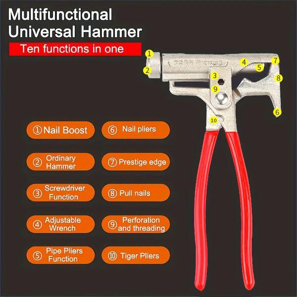 Hammer Multifunktionshammer, Schraubendreher, Nagelpistole, Rohrzange, Schraubenschlüssel/Outdoor-Multitool, Universalhammer, Schraubendreher, Zange, Schraubenschlüssel, Nagel