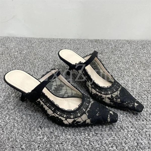 Hausschuhe Elegante Sommer 758 Frau Hohl Spitz-toe Kitten Heels Air Mesh Morden Sticken Sandalen Schuhe für Frauen 5