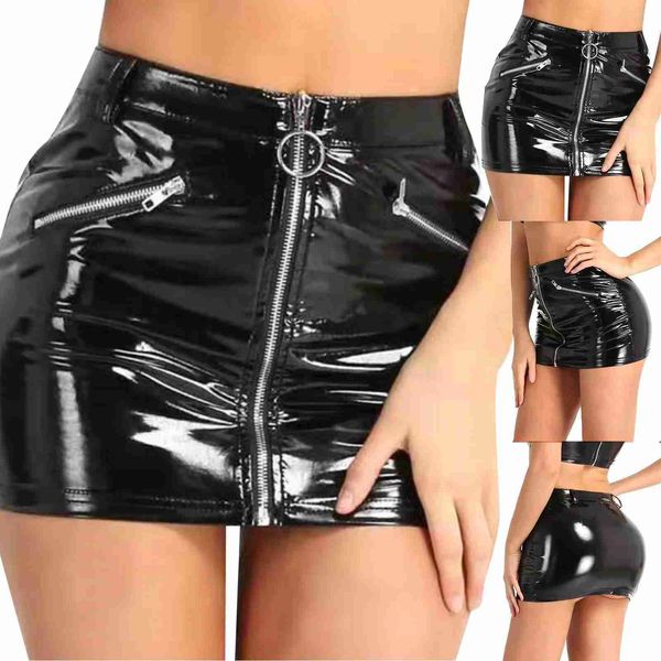 Sexy saia saias das mulheres de couro artificial falso zíper bolso mini pólo de esqui dança rave brilhante saia curta wetlook clube roupas 24326