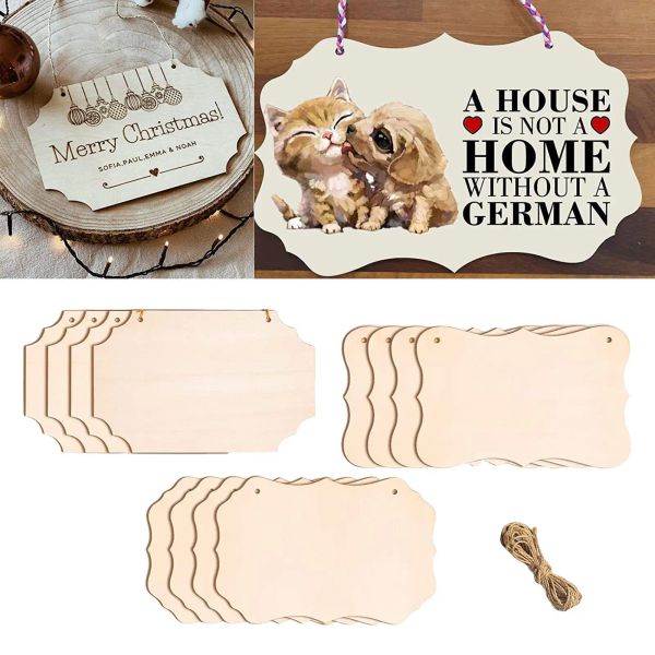 Leathercraft 12PCs unvollendete leere Zeichen DIY Plaque Beige Holzversorgungen mit Seilscheiben Banner zum Malen von Schreibtür