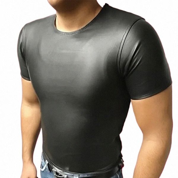 Sexy Wet Look Faux Leather Men Lingerie Night Club Muscle Fitn Tops Tees PU Mangas Curtas Apertadas Camisetas New Fi Black X7YL #