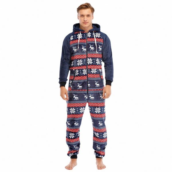 Herbst und Winter Männer Weihnachten mit Kapuze Onesies Winter Onesie Flanell Reißverschluss Overall Kostüm Erwachsene Nachtwäsche Pyjamas V1eK #