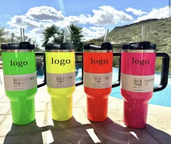 Neon Rosa Elétrico 40 onças Tumbler Amarelo Laranja Neon Verde Quencher H2.0 Copos Copos com Tampa de Alça de Silicone e Palha Inverno Rosa Preto Canecas de Carro a0326