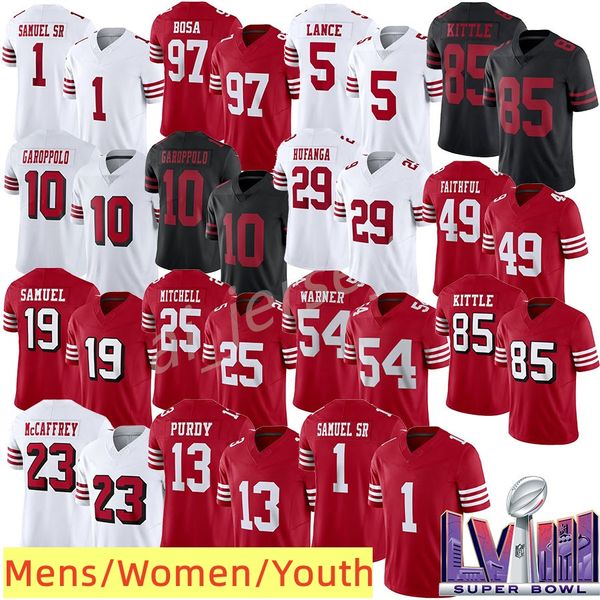 Brock Purdy Christian McCaffrey Fußballtrikots Deebo Samuel Nick Bosa Brandon Aiyuk George Kittle Fred Warner Talanoa Hufanga Jerry Rice Herren Damen Jugend Kinder