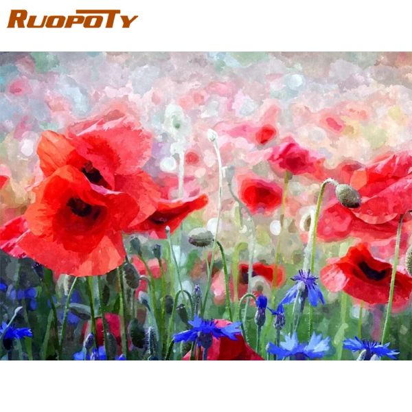 Número ruopoty quadro abstrato flores vermelhas diy pintura por números colorir por números pintura em tela acrílica pintado à mão desenho arte