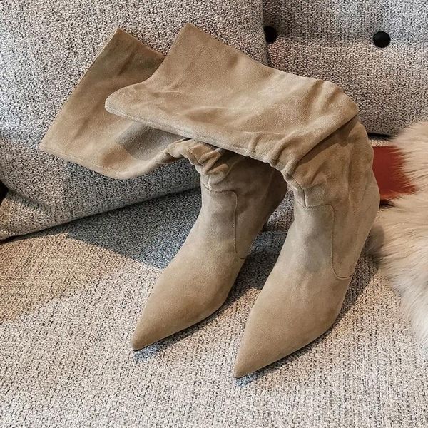 Botas concisas plissadas camurça couro alto salto fino sexy mulheres sapatos apontados toe zapatos para mujeres casual sólido