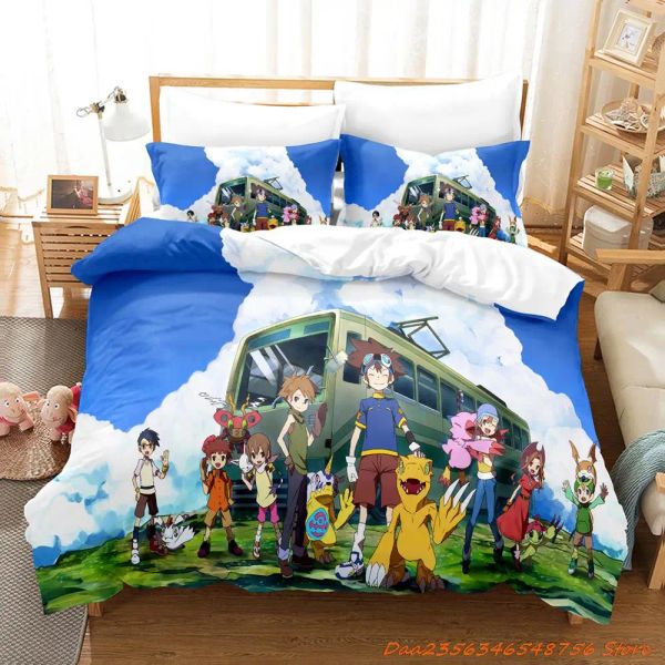 Conjuntos 2023 Digimon Bedding Conjunto único Twin Twin Full Queen King Size Cama Conjunto de Cama Adulto DuvetCover DuvetCover 3D Print Anime Bed Sheet Set