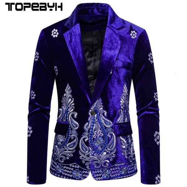 Mens luxuoso blazer figurino de jaqueta de palco macho de veludo masculino um botão de tópico de ouro bordado ternos de vestido bordados para homens 240315