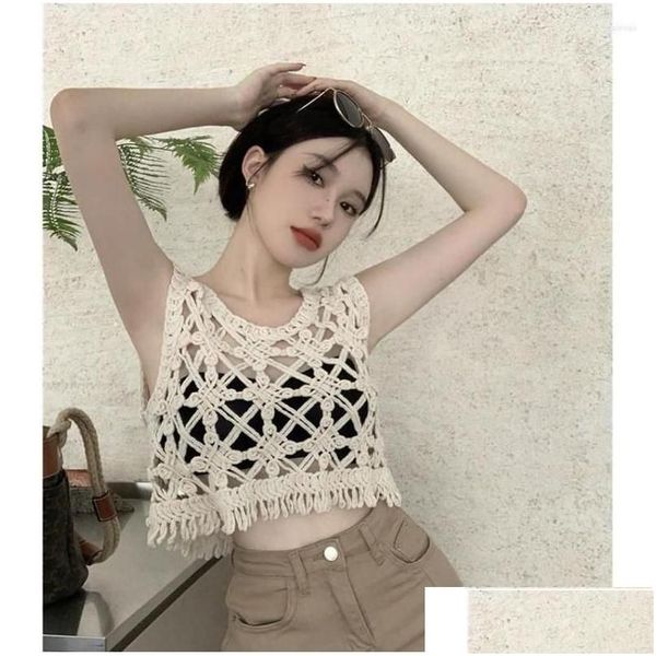 Mulheres Tanques Camis Vintage Hollow Out Cloghet Colete Mulheres Sem Mangas Camiseta Designer Crop Top Holiday Beach Er Up Tee Femme Drop Deliv OT5Mn