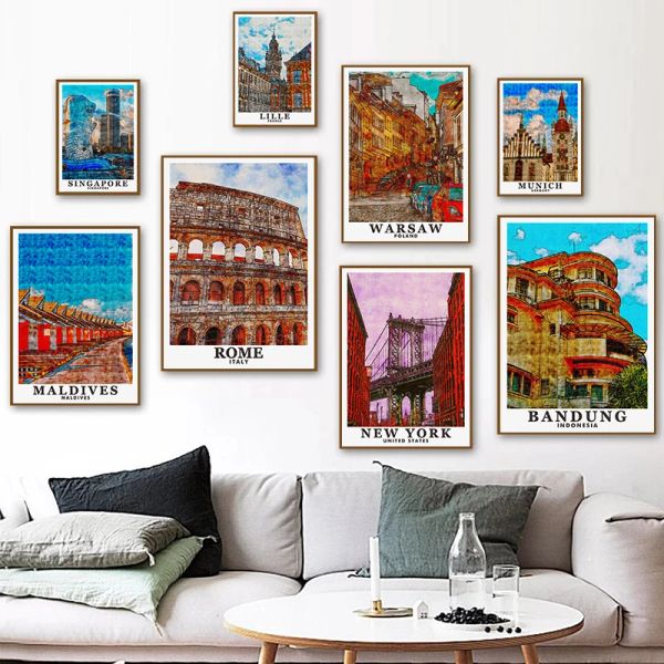 Arte retrô famosa cidade de londres, roma, budapeste, rua, construção, arquitetura, paisagem, pôster, pintura em tela para decoração de quarto moderno