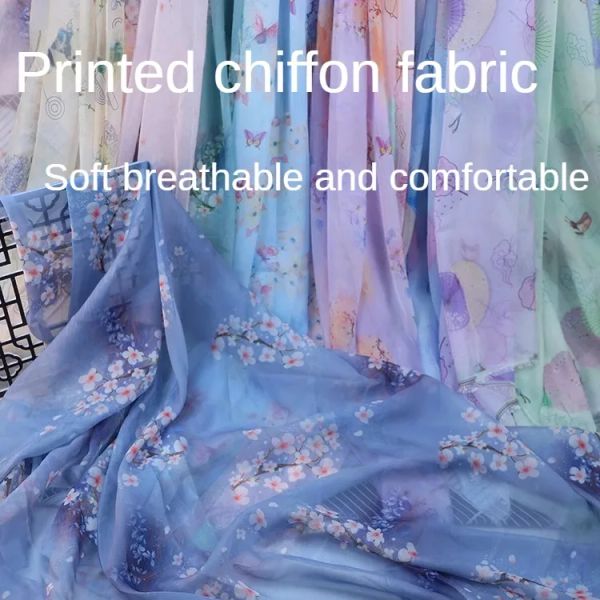 Stoff 30D bedruckter Chiffon-Stoff am laufenden Meter für Hemden, Kostüm, Kleider, DIY, Nähen, Sommer, chinesischer Stil, Stoff, dünn, weich, Blumen, Schwarz