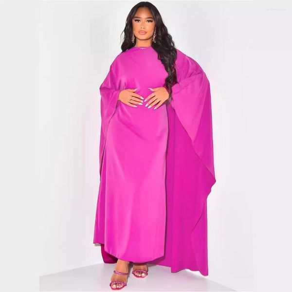 Повседневные платья, модное атласное вечернее платье, халат Абая, мусульманское женское элегантное однотонное платье с круглым вырезом и рукавами «летучая мышь», свободное макси