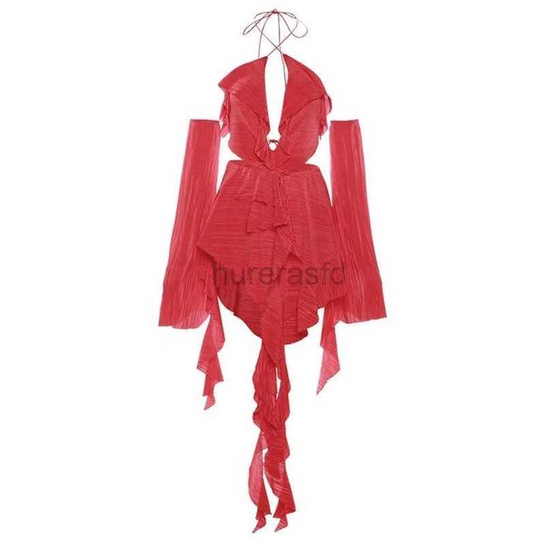 Mulheres Swimwear OMSJ Férias Sexy Hot Girl Red Charming Strap Dress 2023 Outono Ombro Chama Manga Ruffled Irregular Moda Mini Vestido 240326