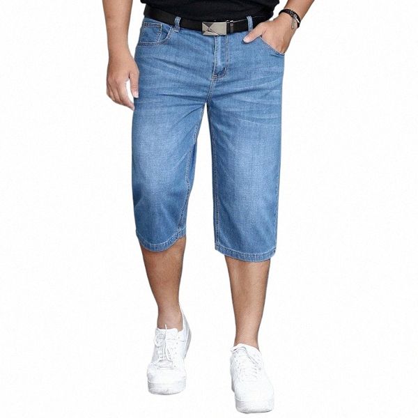 Sommer Jeans Shorts Herren Denim Elastic Stretched Thin Short Jean Übergroße Plus Hellblau 42 44 46 48 Männliche Wadenlänge Hose S05O #