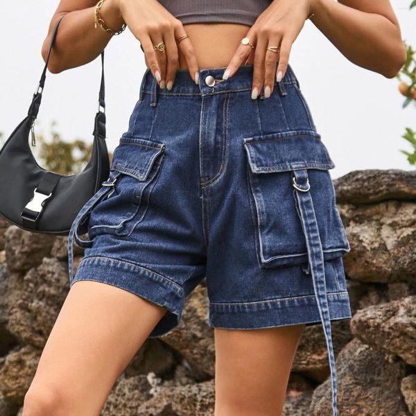 Shorts femininos denim calças de carga casual cintura elástica mulheres atléticas corredores de fitness multi bolso curto jeans streetwear