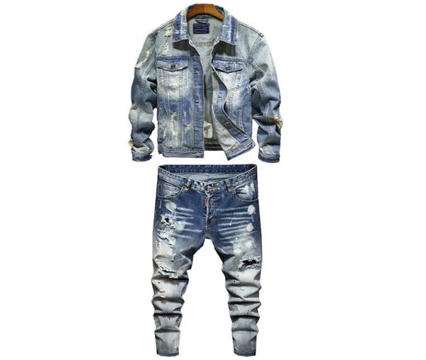 Retro Trainingsanzüge Ripped Hole Men039s Sets Frühling Herbst Revers Denim Jacke und Stretch Jeans Hellblau Männlich 2 Stück Set Jogos 7750623