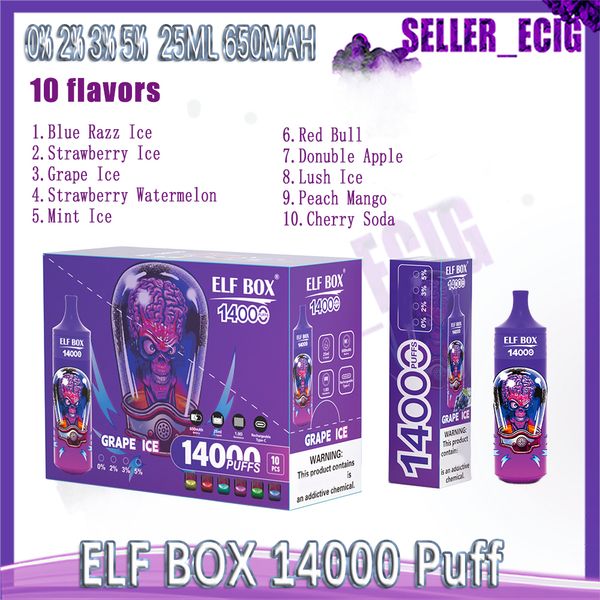 Оригинальная ELF BOX 14000 Puff Одноразовые электронные сигареты 650 мАч Сетчатая катушка 25 мл Батарея Pod Перезаряжаемые электронные сигареты Puff 14K 0% 2% 3% 5% Vape Pen 10 вкусов