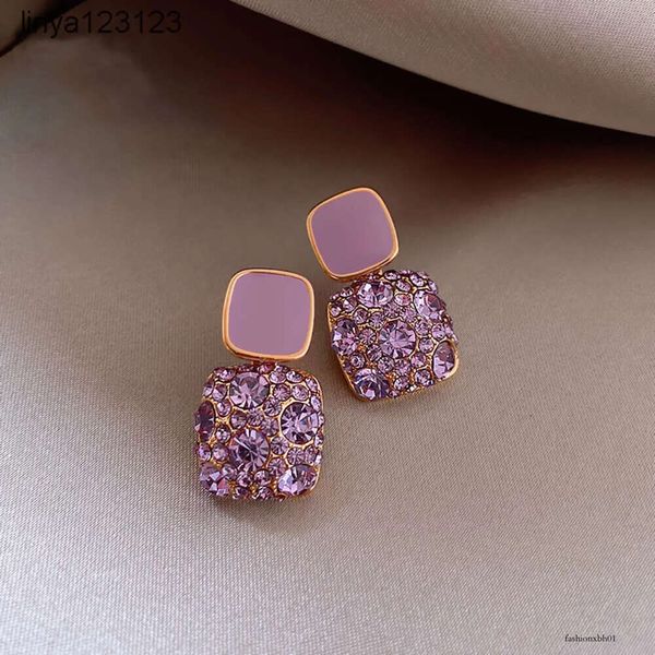 Daihe estilo coreano roxo quadrado cristal strass elegante prata esterlina agulha geométrica brincos de diamante feminino