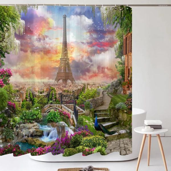 Tende da doccia Stampa 3D Torre di Parigi Bagno Tessuto in poliestere impermeabile con ganci 240X180 cm Schermo da bagno Tenda per decorazioni per la casa