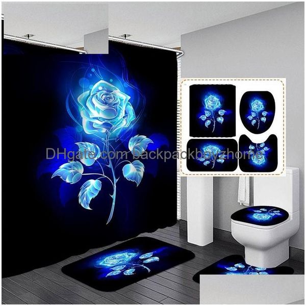 Tende da doccia Shiny Blue Golden Rose Set di tende impermeabili Wc Er Mat Tappeti da bagno antiscivolo Bagno San Valentino Natale Goccia D Dhr2Y