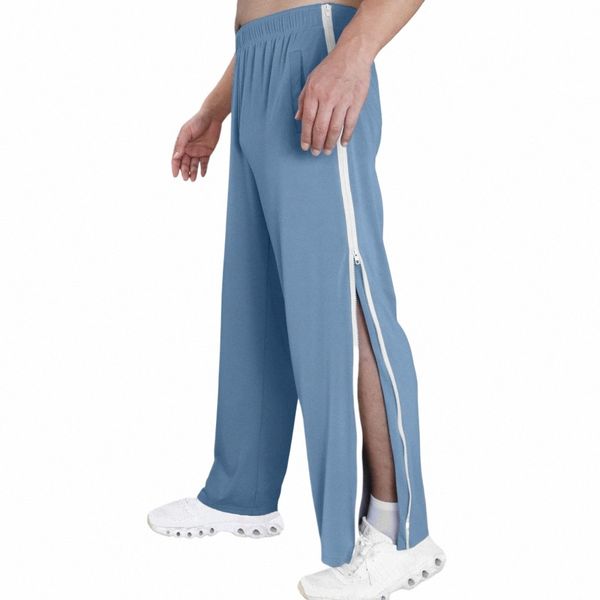 Männer Casual Sports Cott Basketball Hosen Zwei Hintern Seitlicher Reißverschluss Vollständig ausgeschnittene Hosen mit Tasche Elastische Taille Lose Hosen N9Ux #