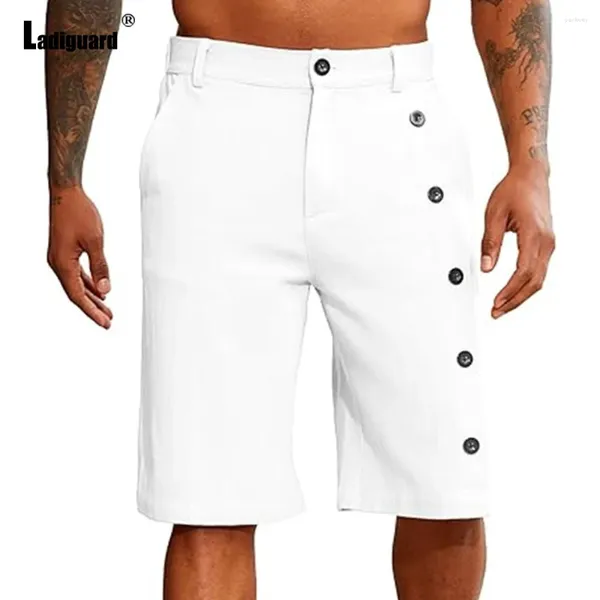 Pantaloncini da uomo 2024 Uomo elegante multi-bottoni in cotone lino bianco blu pantaloni al ginocchio taglie forti uomo casual stand tasca da spiaggia