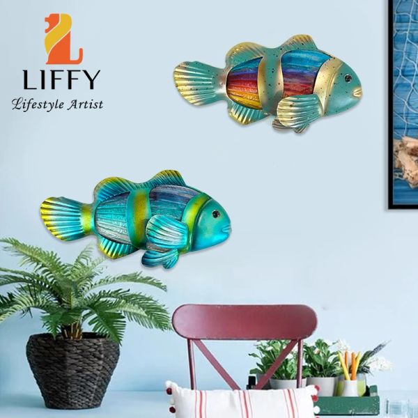 Esculturas 2 peças de metal, arte de parede de peixes, vidro artesanal, decoração de parede de peixes tropicais, decoração suspensa de banheiro, piscina ou pátio