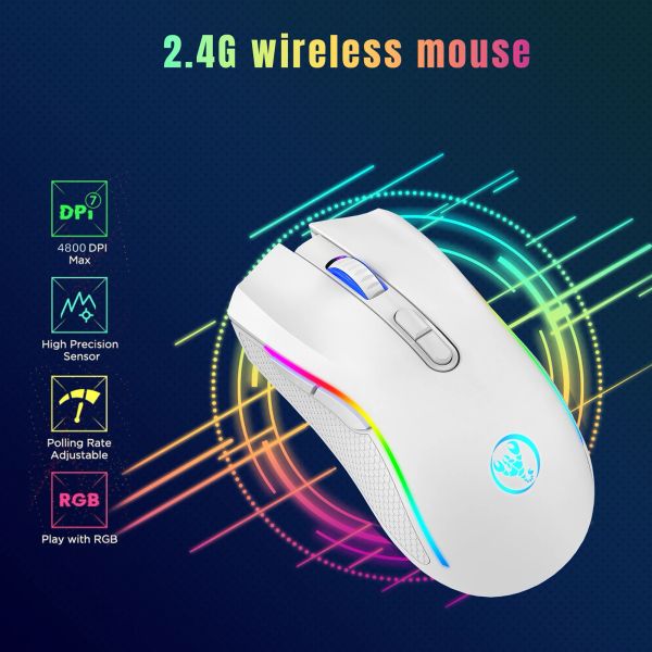 Ratos HXSJ T69 2.4G Mouse Mecânico Sem Fio RGB Gaming Mouse Ergonômico Design 7 Botões Programáveis Ajustável 4800DPI Recarregável