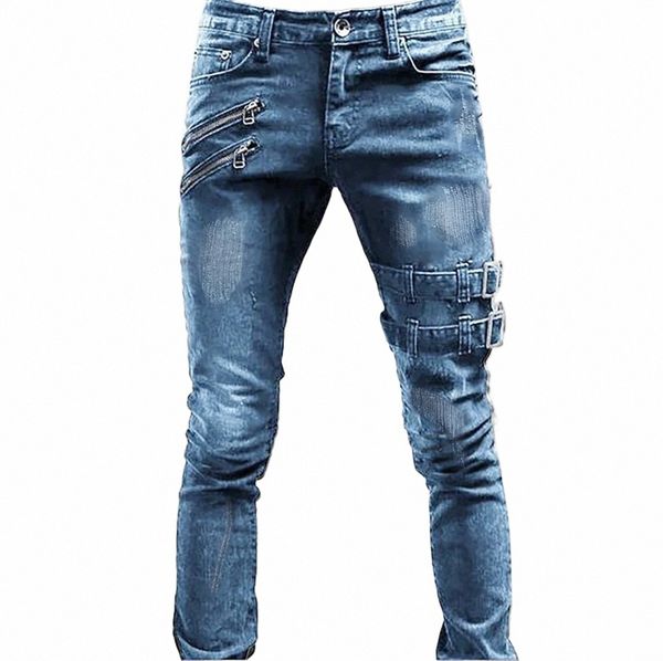 Zipper Decorati Slim Fit Biker Jeans Men Men Cott Etenty Raked Shinny Jeans Высококачественные хип -хоп черный негабаритный джинсовый брюки H2NB#