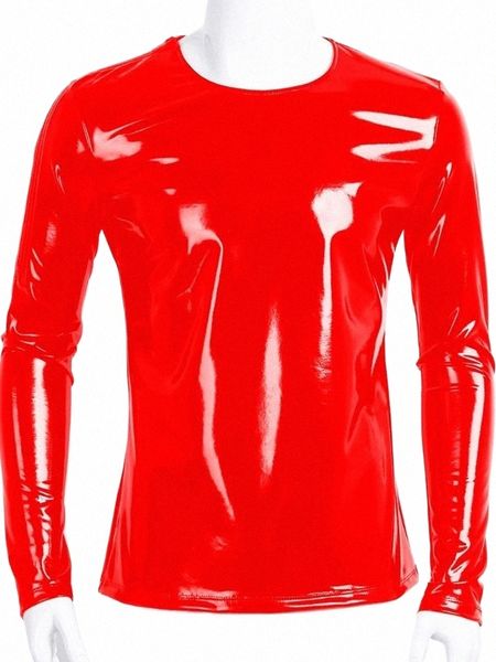 s-7xl Wet Look PVC Lg manica T Shirt da uomo maglietta lucida PU pelle Hip Hop Tee Shirts Muscle Hot Shaper Top Collant Streetwear v3th #