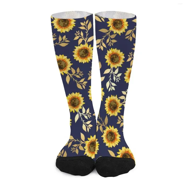 Damen-Socken, eleganter Blumendruck, Herbst, Sonnenblumen, Blätter, Strümpfe, Kawaii-Dame, mittelweich, Grafik, Laufsport, rutschfest