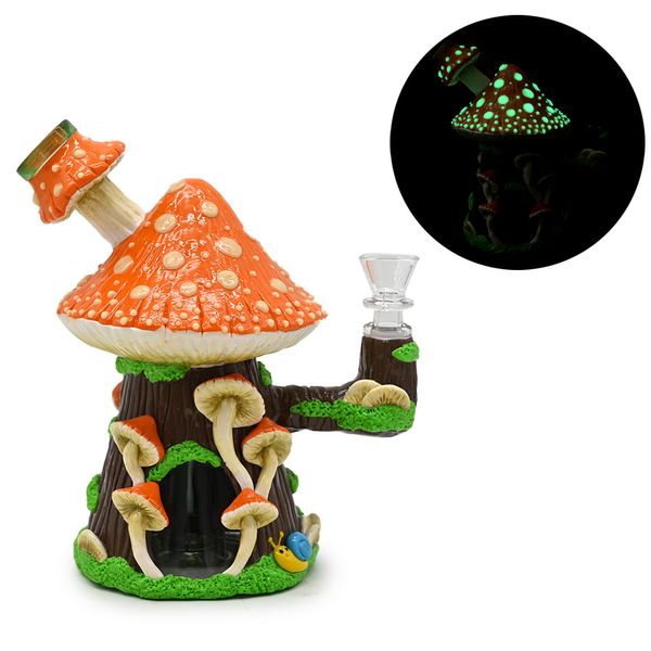 Bong di vetro con carini funghi, bong di funghi, tubo d'acqua di vetro borosilicato con guscio, bagliore in giardino scuro, giaccino di vetro, argilla polimer