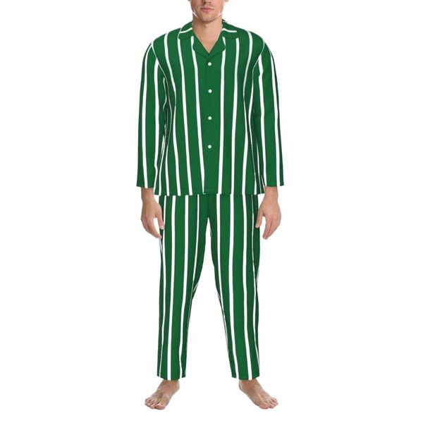 Pigiama a righe verdi e bianche in autunno Linee verticali retrò Pigiama oversize Set da uomo con maniche Lg Comodo abito da casa per camera da letto H7Ts #