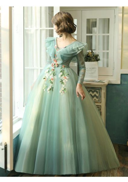 100 echte langärmlige hellgrüne Blumen, mittelalterliches Renaissance-Kleid, Sissi-Prinzessin-Kleid, viktorianisches Marie-Belle-Ball-Mittelalterkleid2096436